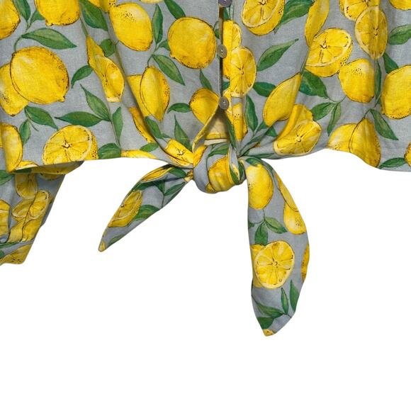 Zara Lemon Print Tie-Waist Top Womens Medium Linen Blend Beachy Novelty Fruit - Picture 4 of 11